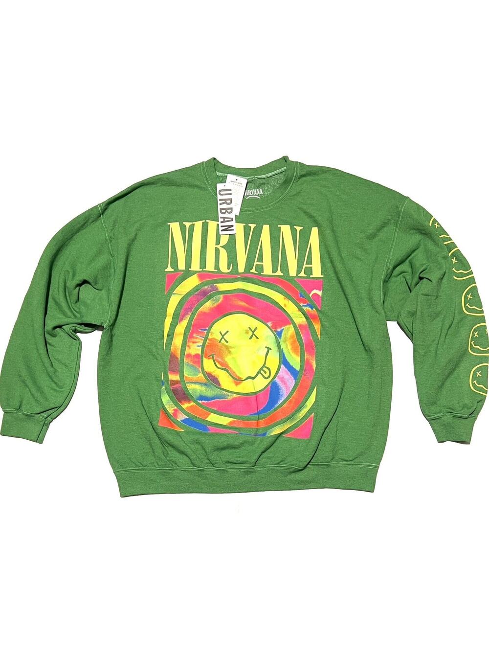 UO Nirvana Smile Overdyed Sweatshirt Green S M Urban Outfitters Oversized NWT
